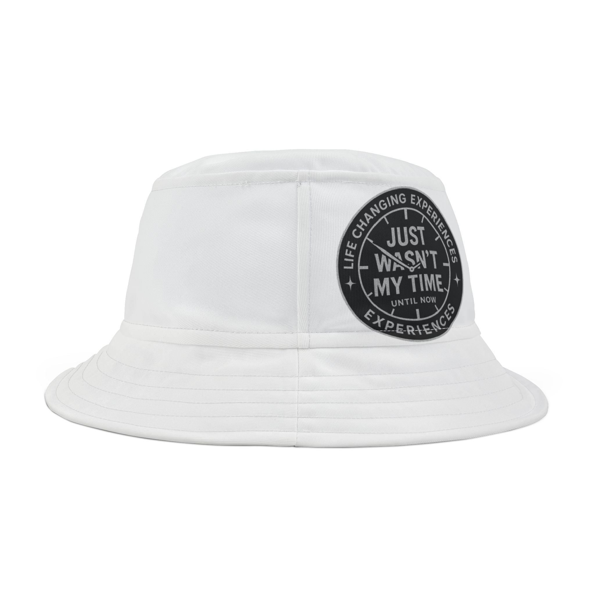 White Bucket Hat with 'Just Ask — Any Time' Vintage Patch — Casual Sun & Travel Cap