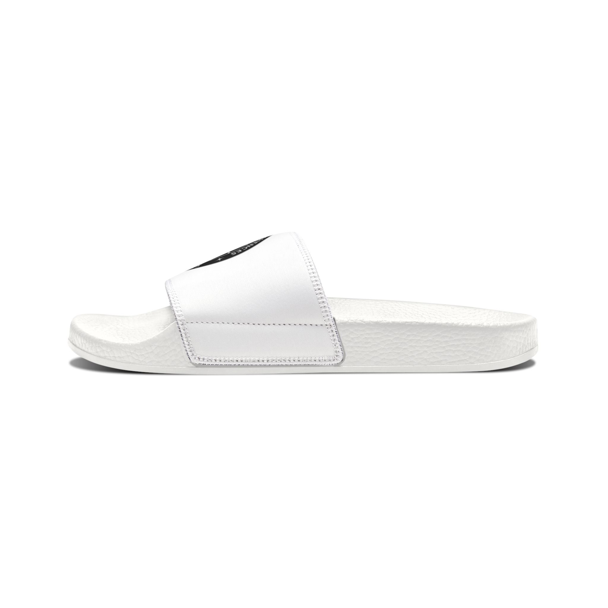 Women's Removable‑Strap Sandals — White Slide Sandals with 'Just, I Wasn't My Time' Patch