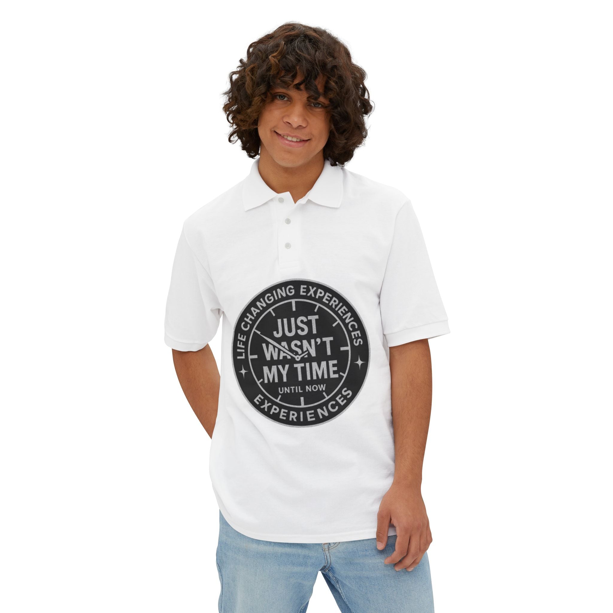 Men's Polo — "Just Wasn't My Time Until Now" Motivational Badge