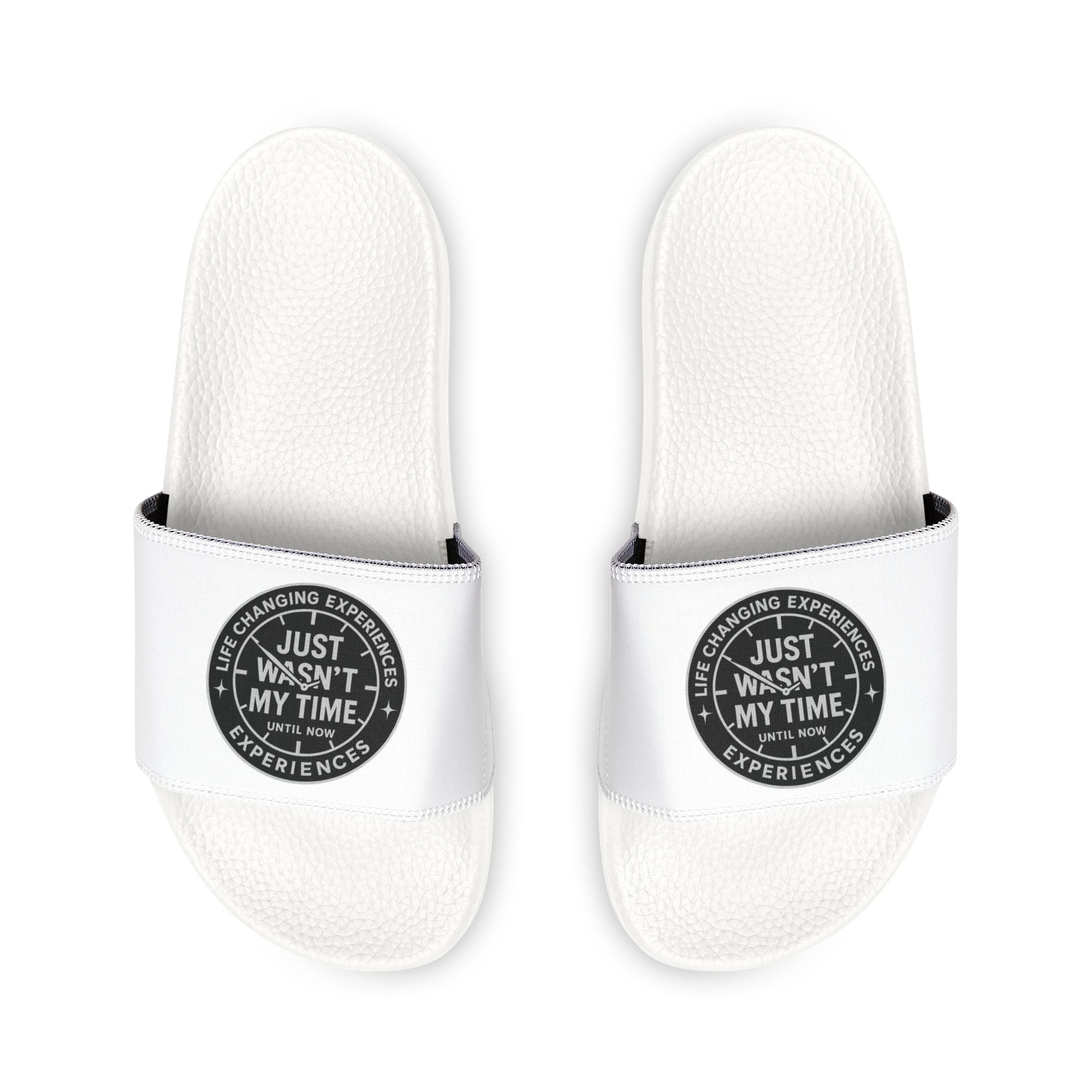 Women's Removable‑Strap Sandals — White Slide Sandals with 'Just, I Wasn't My Time' Patch