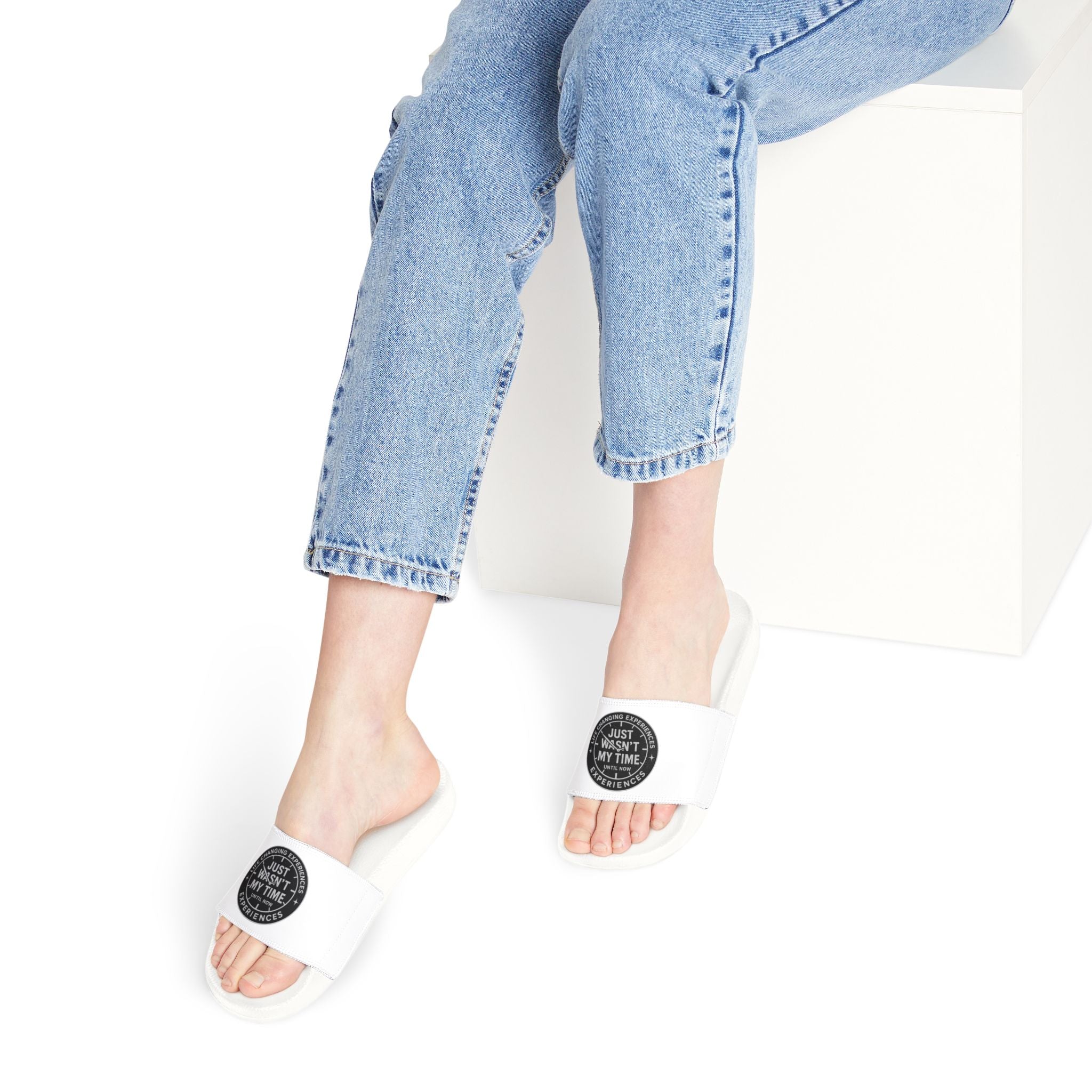 Women's Removable‑Strap Sandals — White Slide Sandals with 'Just, I Wasn't My Time' Patch