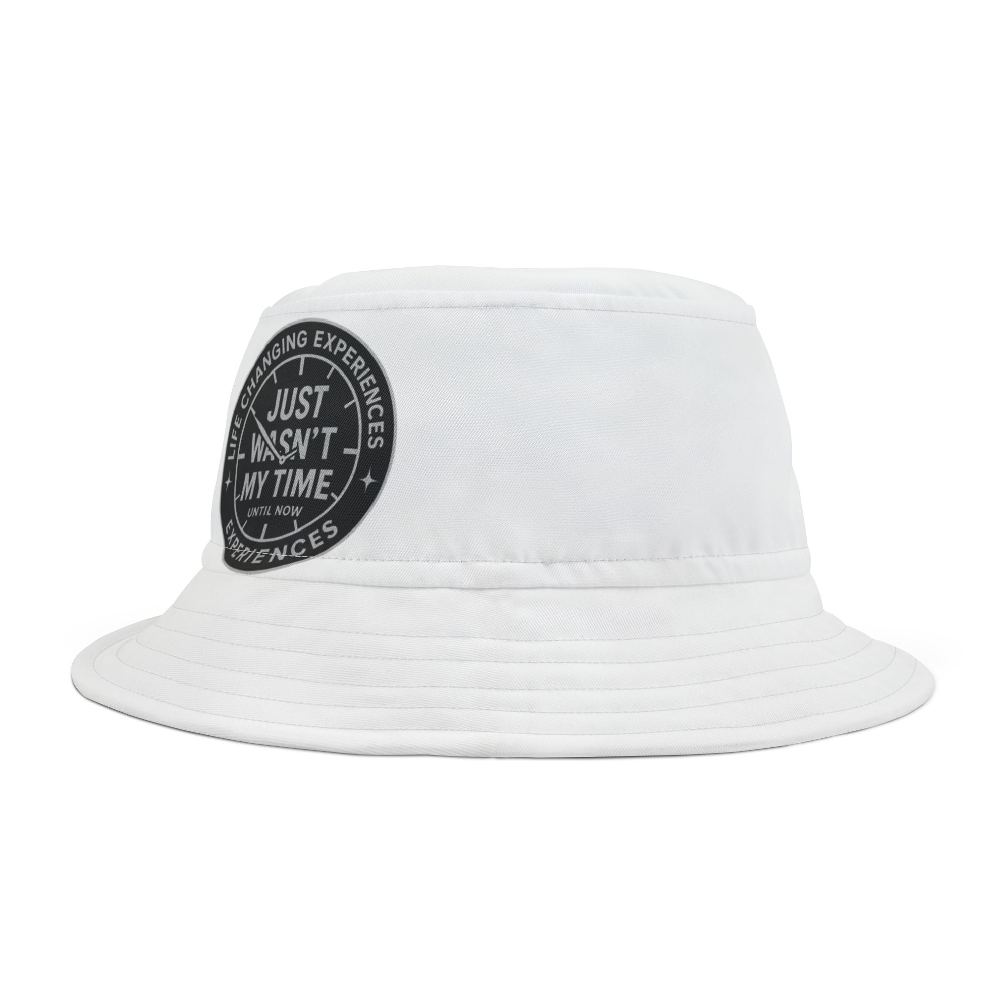 White Bucket Hat with 'Just Ask — Any Time' Vintage Patch — Casual Sun & Travel Cap