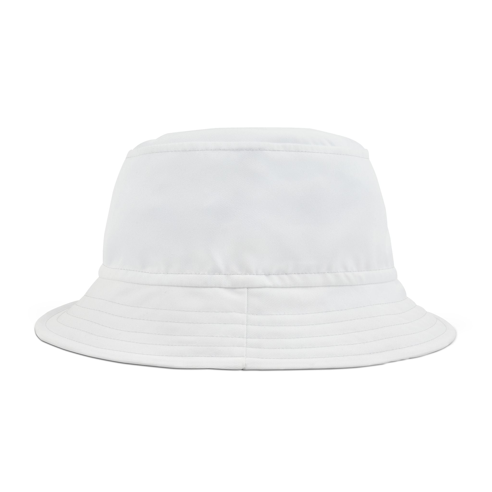 White Bucket Hat with 'Just Ask — Any Time' Vintage Patch — Casual Sun & Travel Cap