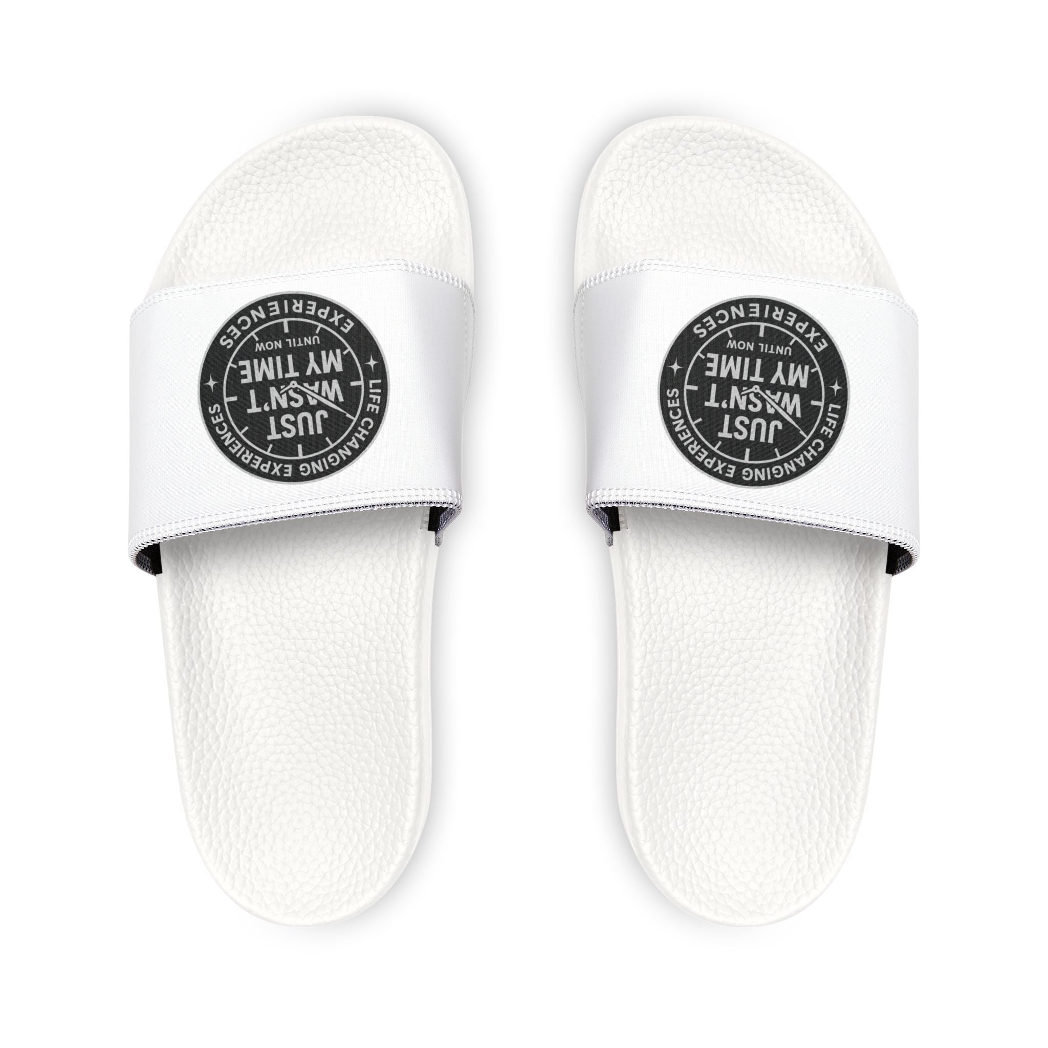 Women's Removable‑Strap Sandals — White Slide Sandals with 'Just, I Wasn't My Time' Patch